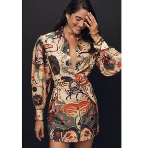 FARM Rio Beige Artsy Surreal Land Beaded Belt Organic Cotton Mini Dress Size M